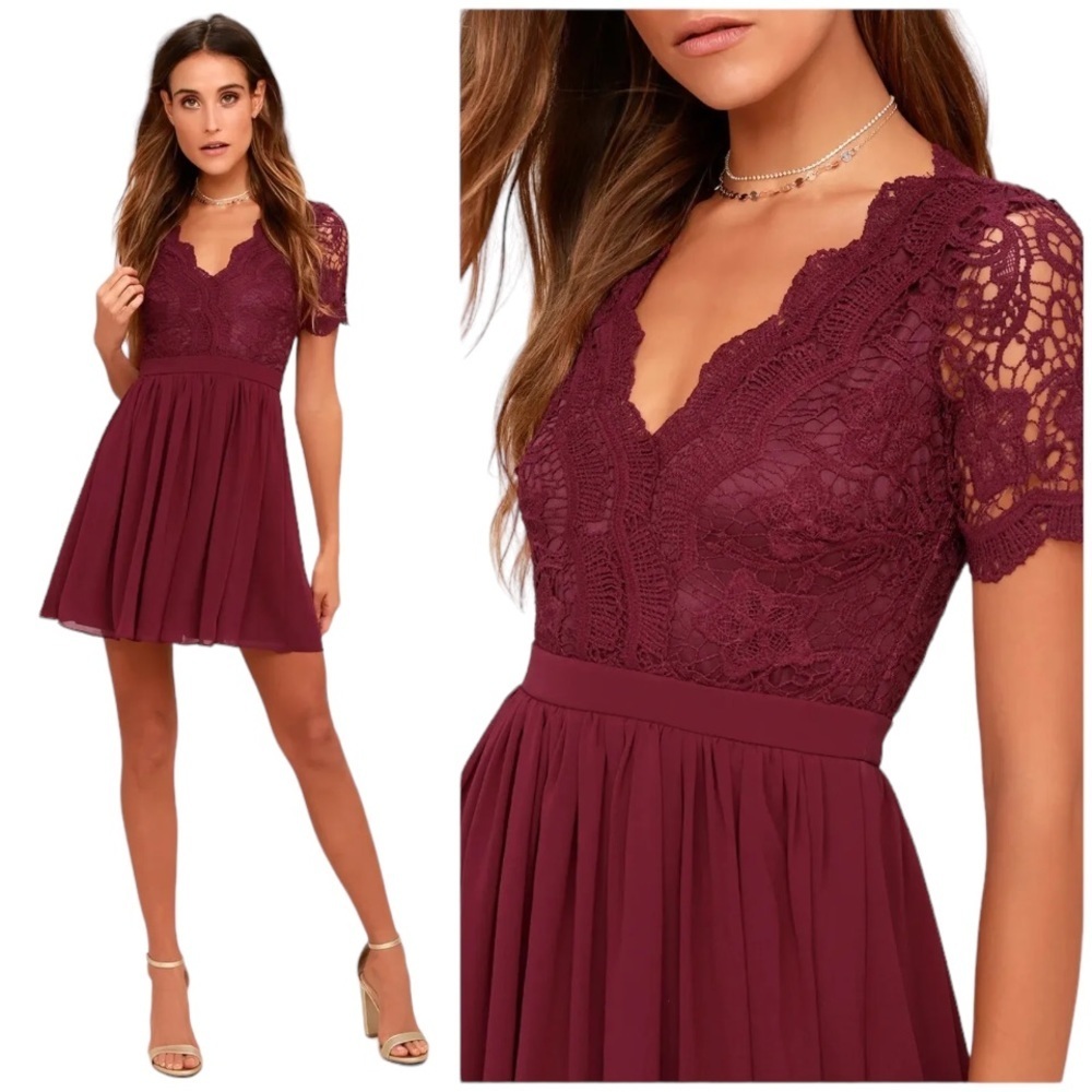 Lulus Dress Womens XS Burgundy Maroon Angel In Disguise Lace Fit and Flare Mini